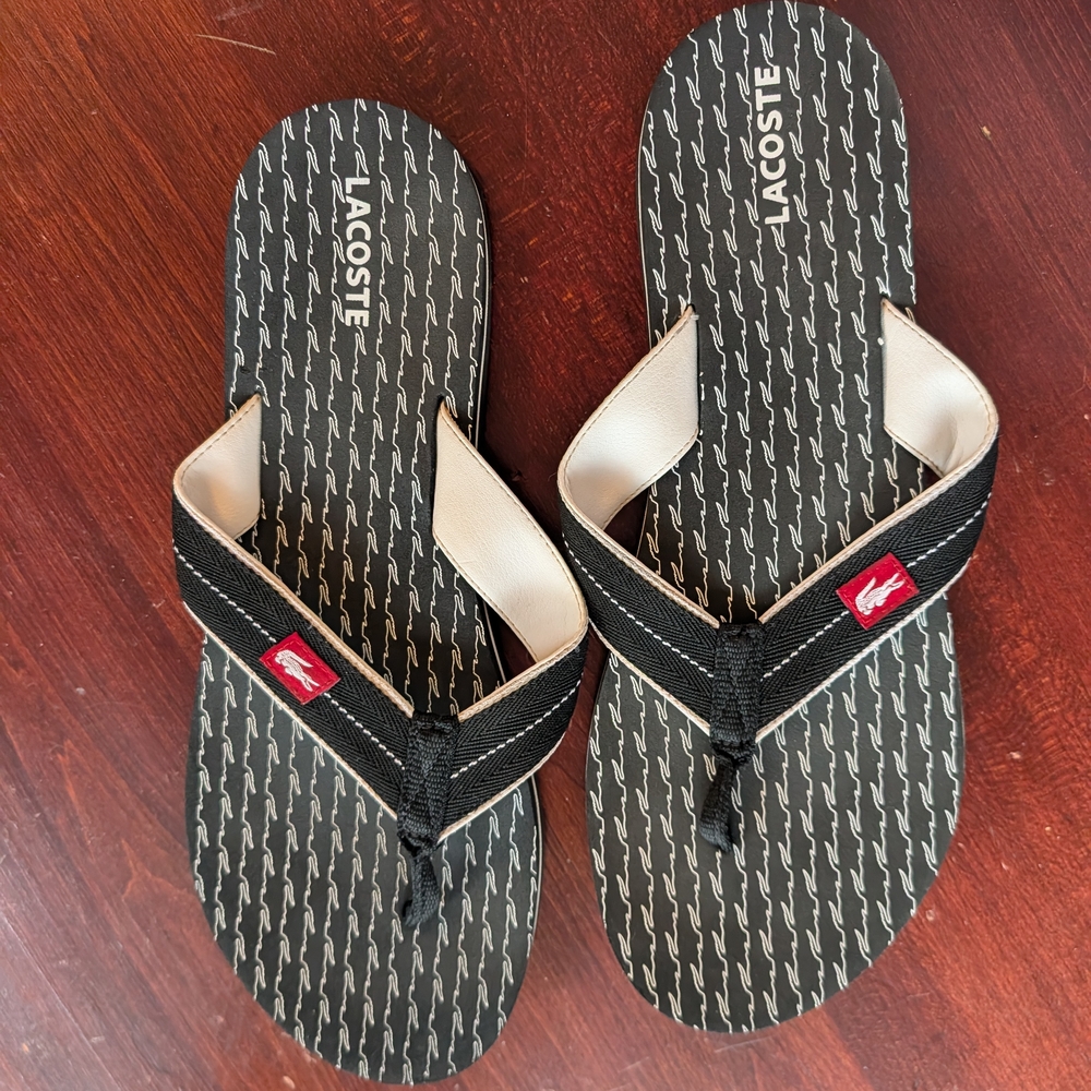 Lacoste Black and Cream Flip Flops